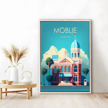 Mobile Alabama Retro Art Print, Mobile City Wall Art, Floating Framed Canvas Print, Framed Picture, Painting Canvas