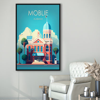 Mobile Alabama Retro Art Print, Mobile City Wall Art, Floating Framed Canvas Print, Framed Picture, Painting Canvas