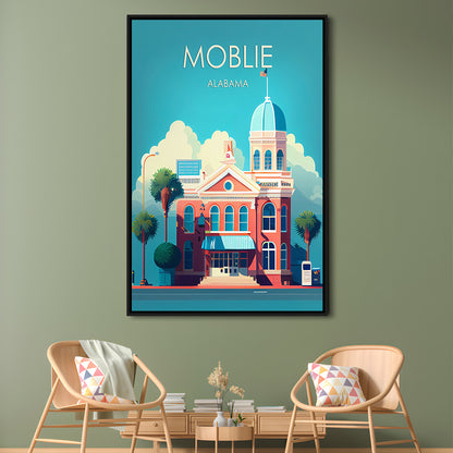 Mobile Alabama Retro Art Print, Mobile City Wall Art, Floating Framed Canvas Print, Framed Picture, Painting Canvas
