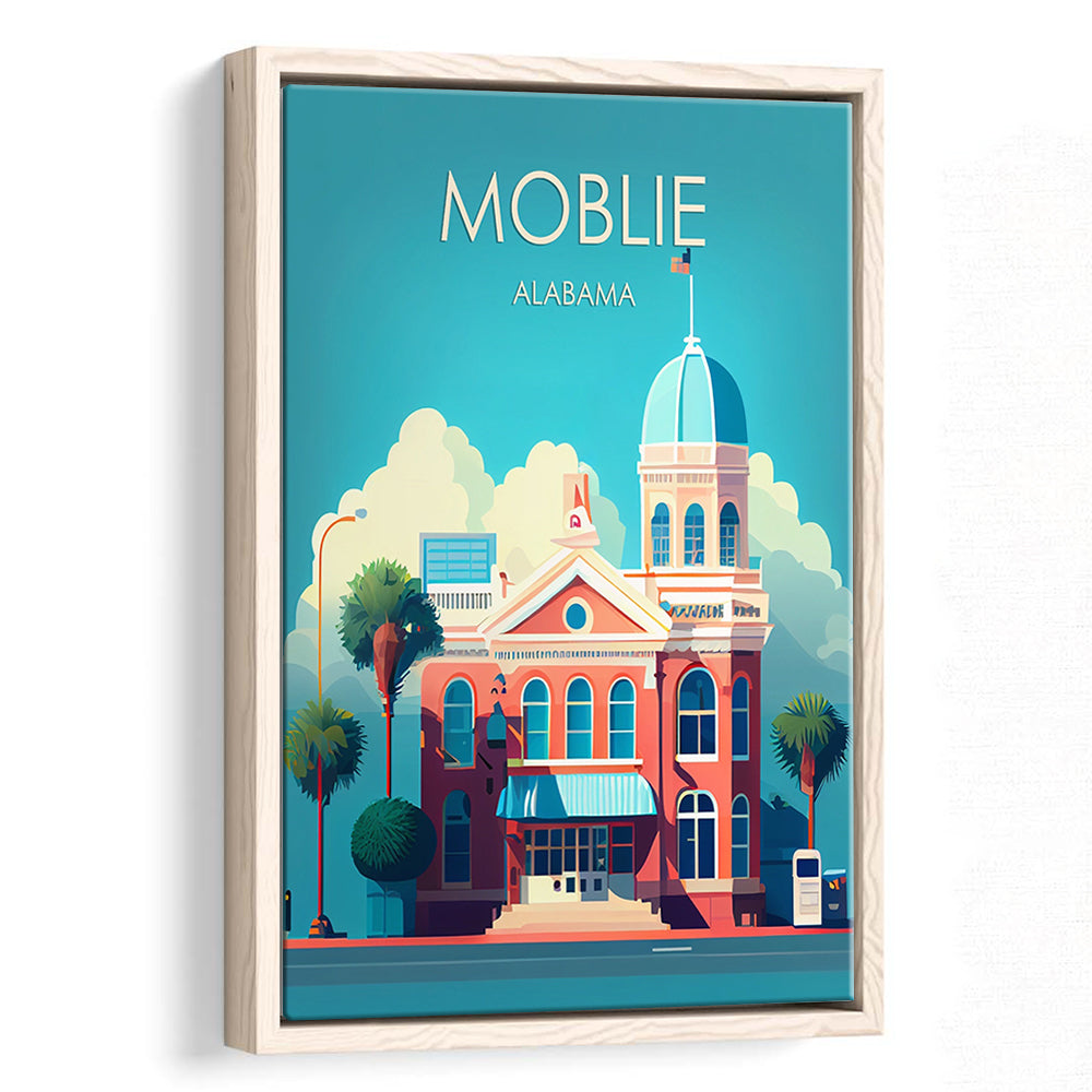 Mobile Alabama Retro Art Print, Mobile City Wall Art, Floating Framed Canvas Print, Framed Picture, Painting Canvas