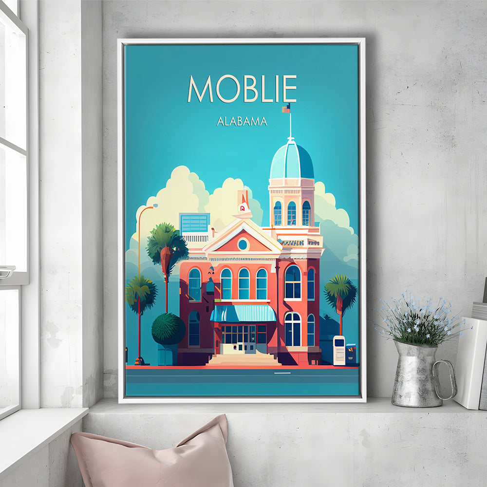 Mobile Alabama Retro Art Print, Mobile City Wall Art, Floating Framed Canvas Print, Framed Picture, Painting Canvas