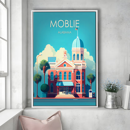 Mobile Alabama Retro Art Print, Mobile City Wall Art, Floating Framed Canvas Print, Framed Picture, Painting Canvas
