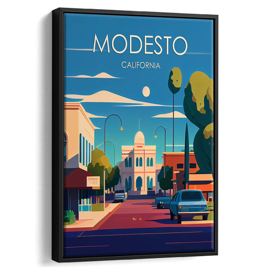 Modesto California Retro Art Print, Modesto City Wall Art, Floating Framed Canvas Print, Framed Picture, Painting Canvas