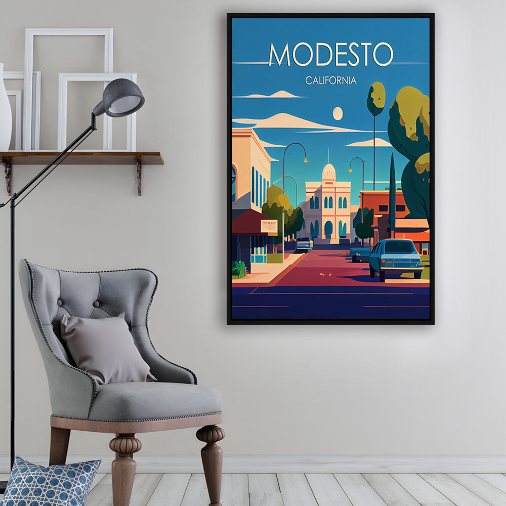 Modesto California Retro Art Print, Modesto City Wall Art, Floating Framed Canvas Print, Framed Picture, Painting Canvas