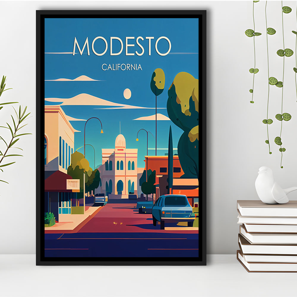 Modesto California Retro Art Print, Modesto City Wall Art, Floating Framed Canvas Print, Framed Picture, Painting Canvas