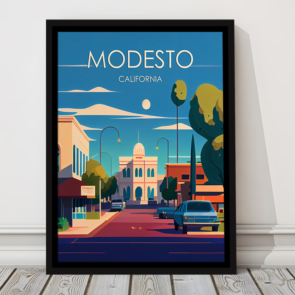 Modesto California Retro Art Print, Modesto City Wall Art, Floating Framed Canvas Print, Framed Picture, Painting Canvas