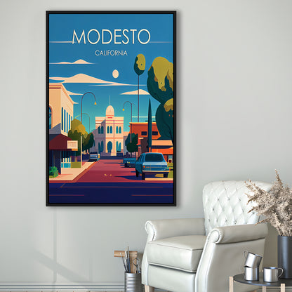 Modesto California Retro Art Print, Modesto City Wall Art, Floating Framed Canvas Print, Framed Picture, Painting Canvas
