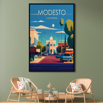Modesto California Retro Art Print, Modesto City Wall Art, Floating Framed Canvas Print, Framed Picture, Painting Canvas