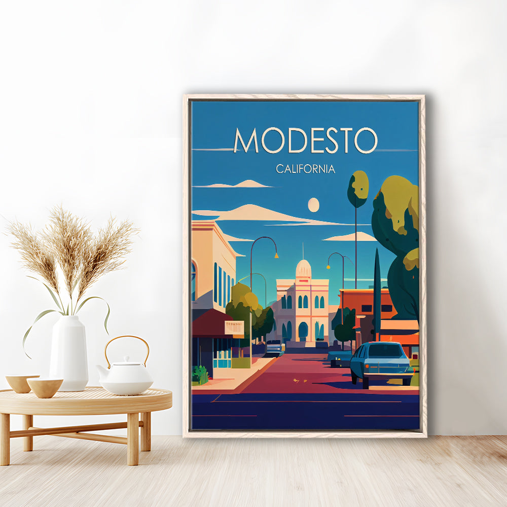 Modesto California Retro Art Print, Modesto City Wall Art, Floating Framed Canvas Print, Framed Picture, Painting Canvas