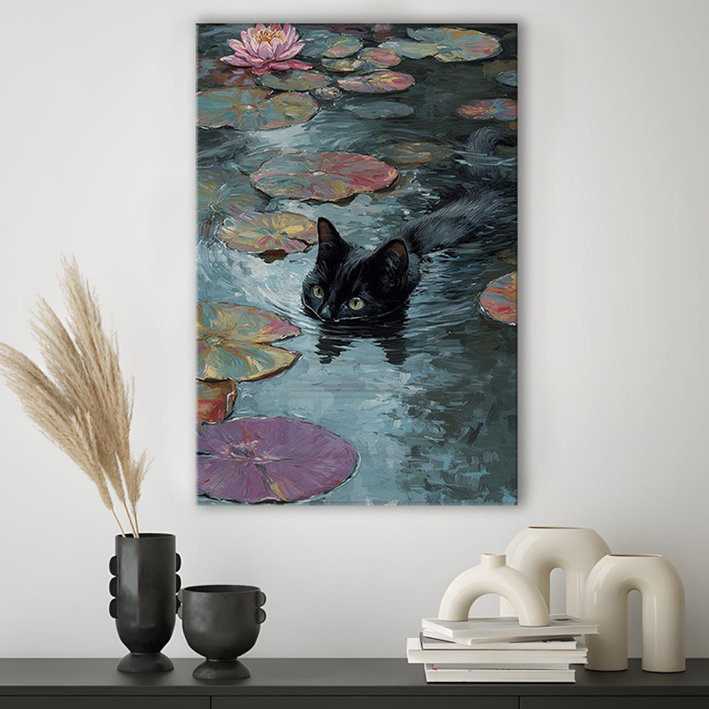 Monet Waterlily Cat Print, Claude Monet Cat, Black Cat Art, Funny Gift, Home Decor  Floral Print, Canvas Print, Canvas Decor