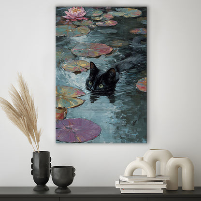 Monet Waterlily Cat Print, Claude Monet Cat, Black Cat Art, Funny Gift, Home Decor  Floral Print, Canvas Print, Canvas Decor