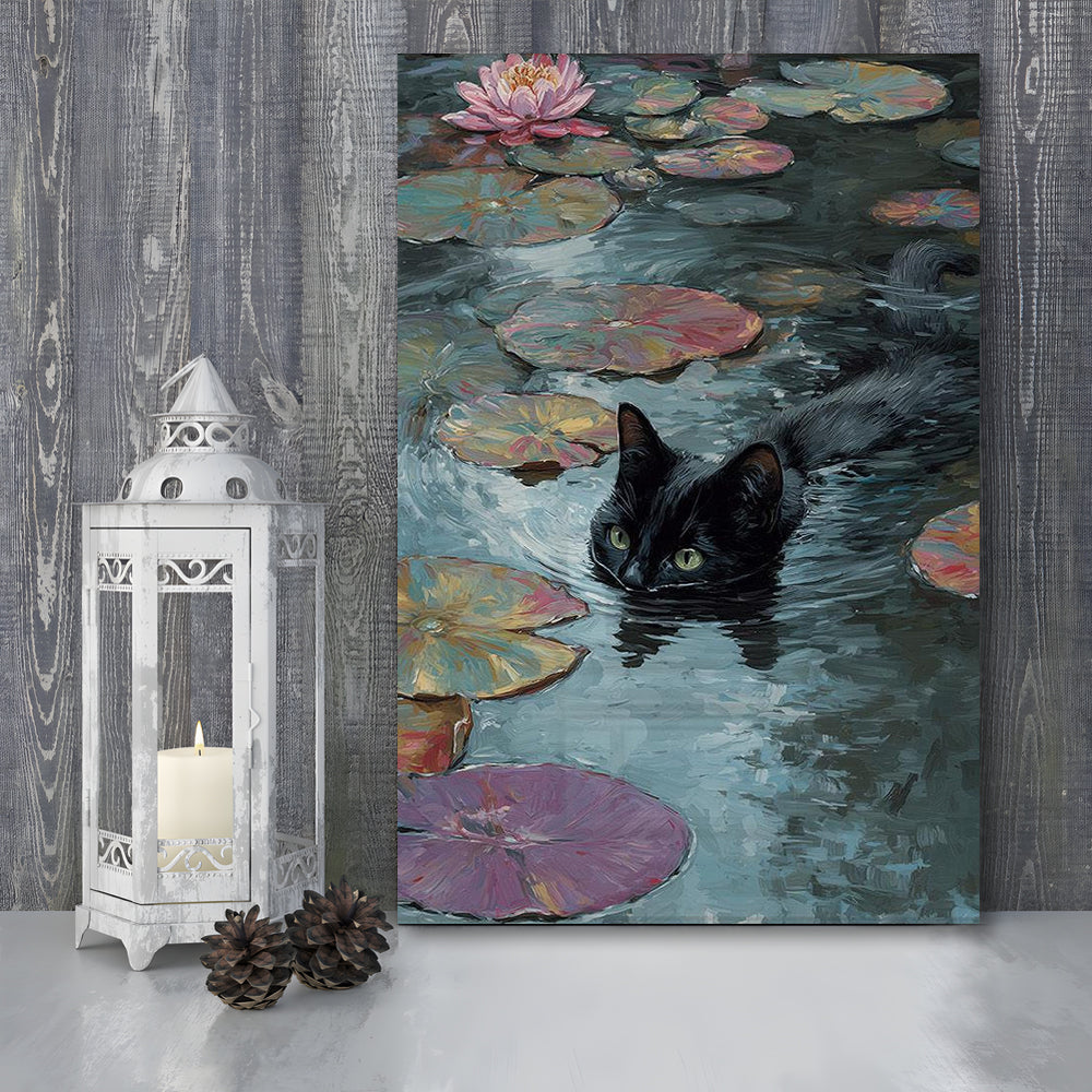 Monet Waterlily Cat Print, Claude Monet Cat, Black Cat Art, Funny Gift, Home Decor  Floral Print, Canvas Print, Canvas Decor