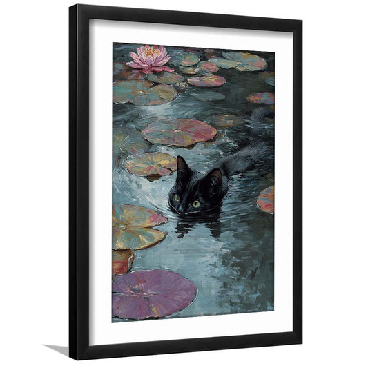 Monet Waterlily Cat Print, Claude Monet Cat, Black Cat Art, Home Decor  Floral Print, Framed Art Print, White Border