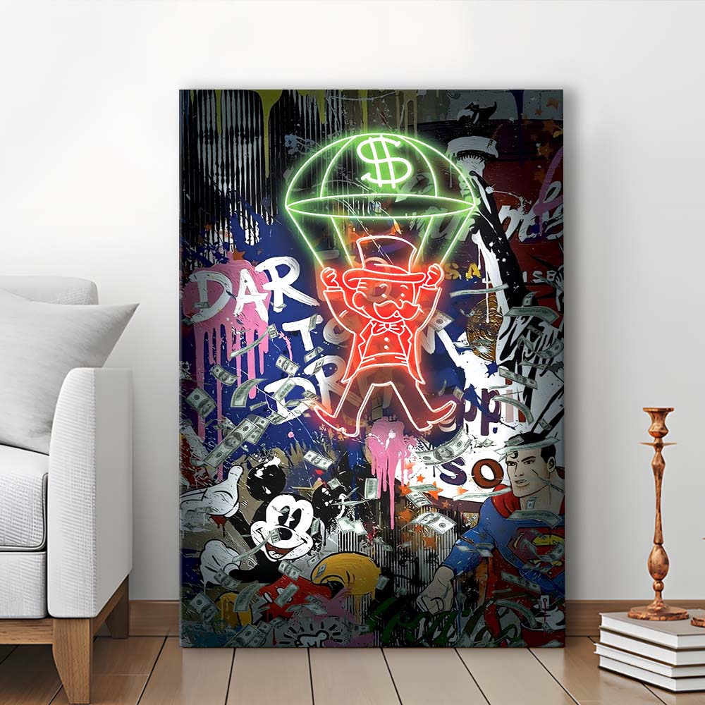 Money Flies, Neon Sign Effect, Canvas Print, Luxury Wall Art Decor, Modern Art