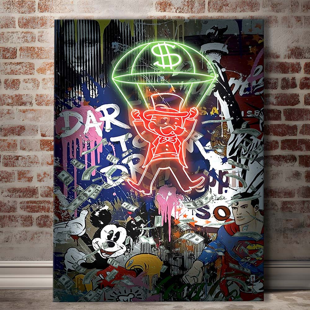 Money Flies, Neon Sign Effect, Canvas Print, Luxury Wall Art Decor, Modern Art