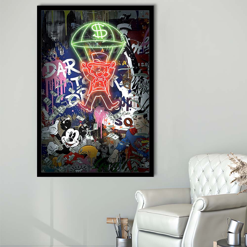 Money Flies, Neon Sign Effect, Framed Art Print, Picture Framed Wall Art Decor