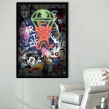 Money Flies, Neon Sign Effect, Framed Art Print, Picture Framed Wall Art Decor