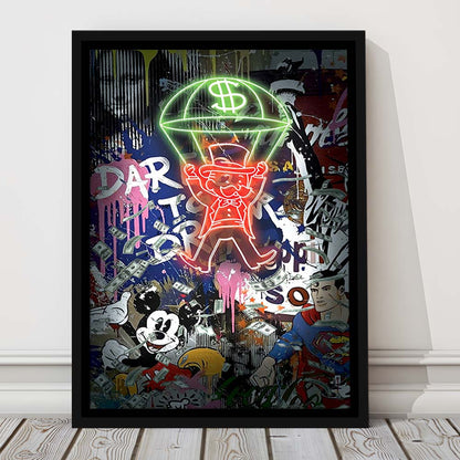 Money Flies, Neon Sign Effect, Framed Canvas Print, Floating Frame, Luxury Wall Art Decor