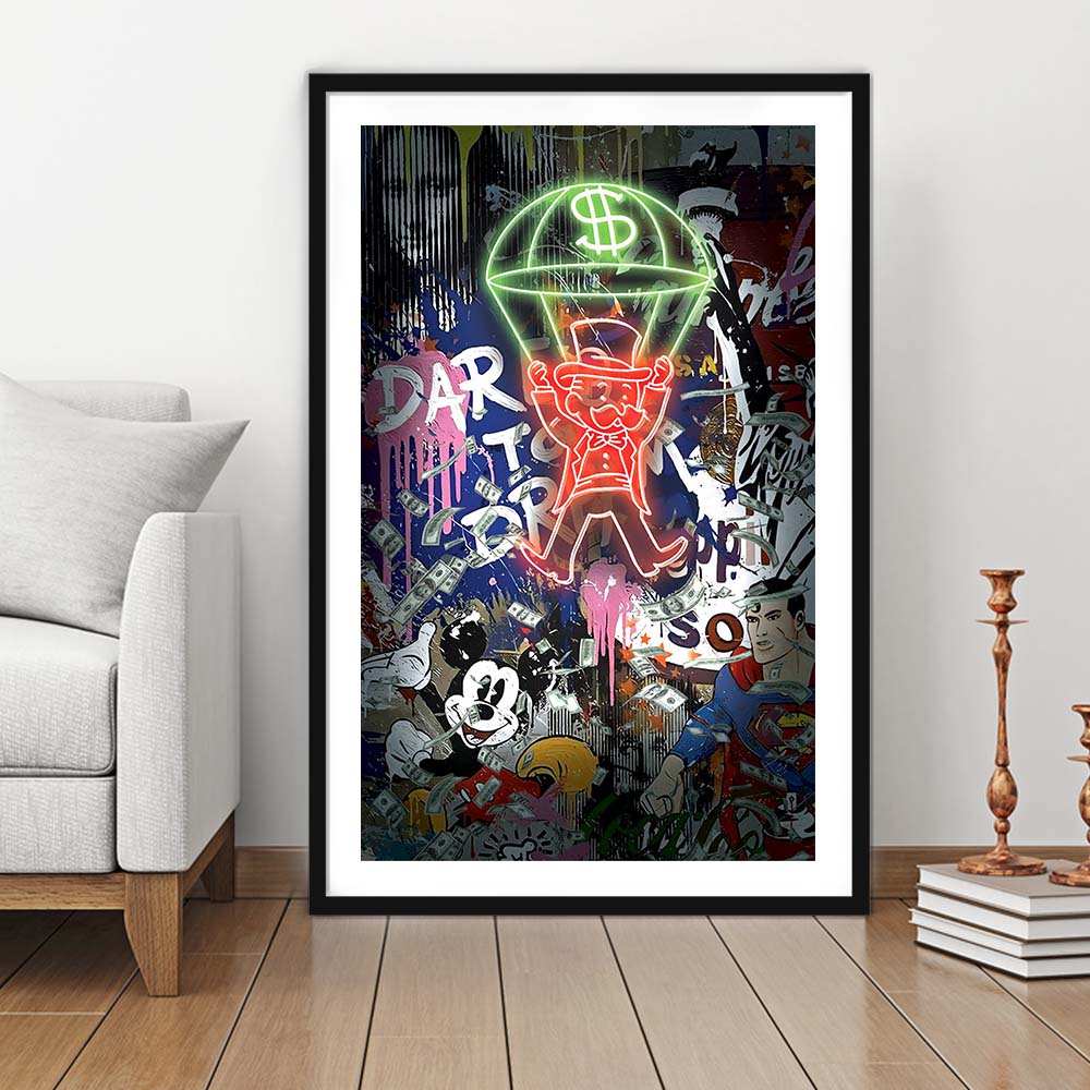 Money Flies, Neon Sign Effect, Framed Art Print, Luxury Pictures Framed, White Border