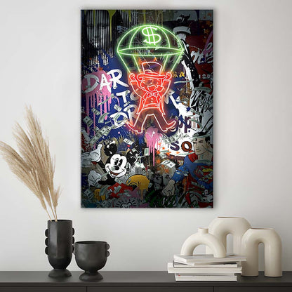 Money Flies, Neon Sign Effect, Canvas Print, Luxury Wall Art Decor, Modern Art