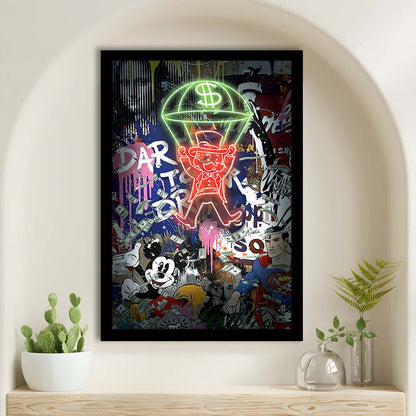 Money Flies, Neon Sign Effect, Framed Art Print, Picture Framed Wall Art Decor
