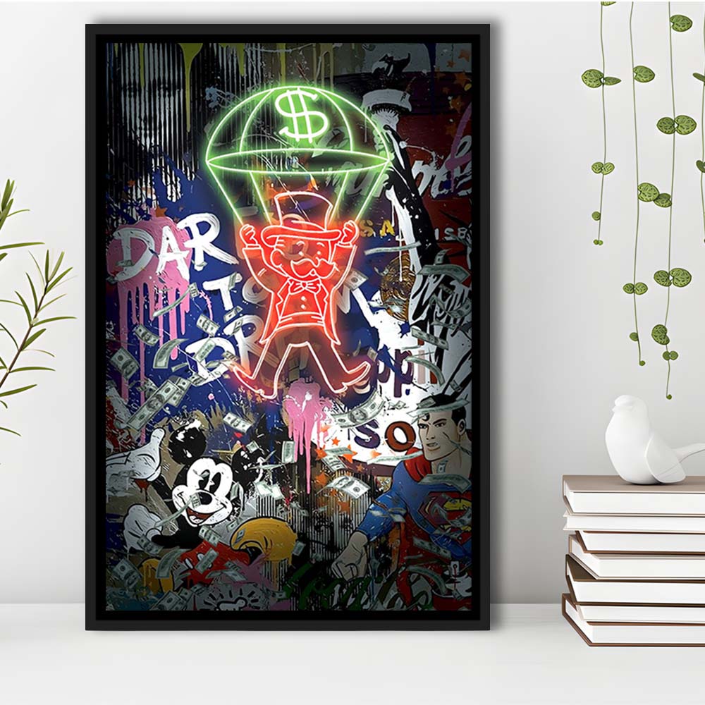 Money Flies, Neon Sign Effect, Framed Canvas Print, Floating Frame, Luxury Wall Art Decor