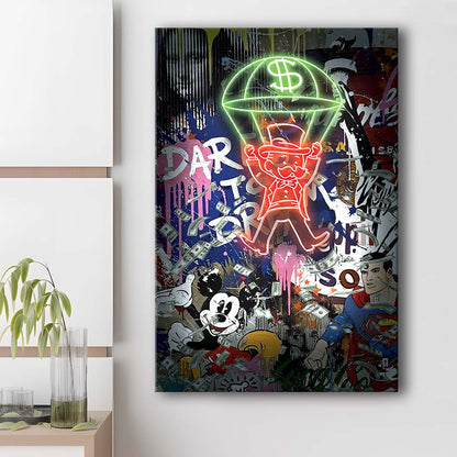 Money Flies, Neon Sign Effect, Canvas Print, Luxury Wall Art Decor, Modern Art