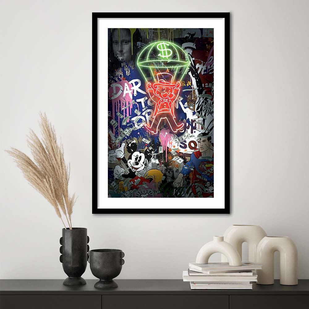 Money Flies, Neon Sign Effect, Framed Art Print, Luxury Pictures Framed, White Border