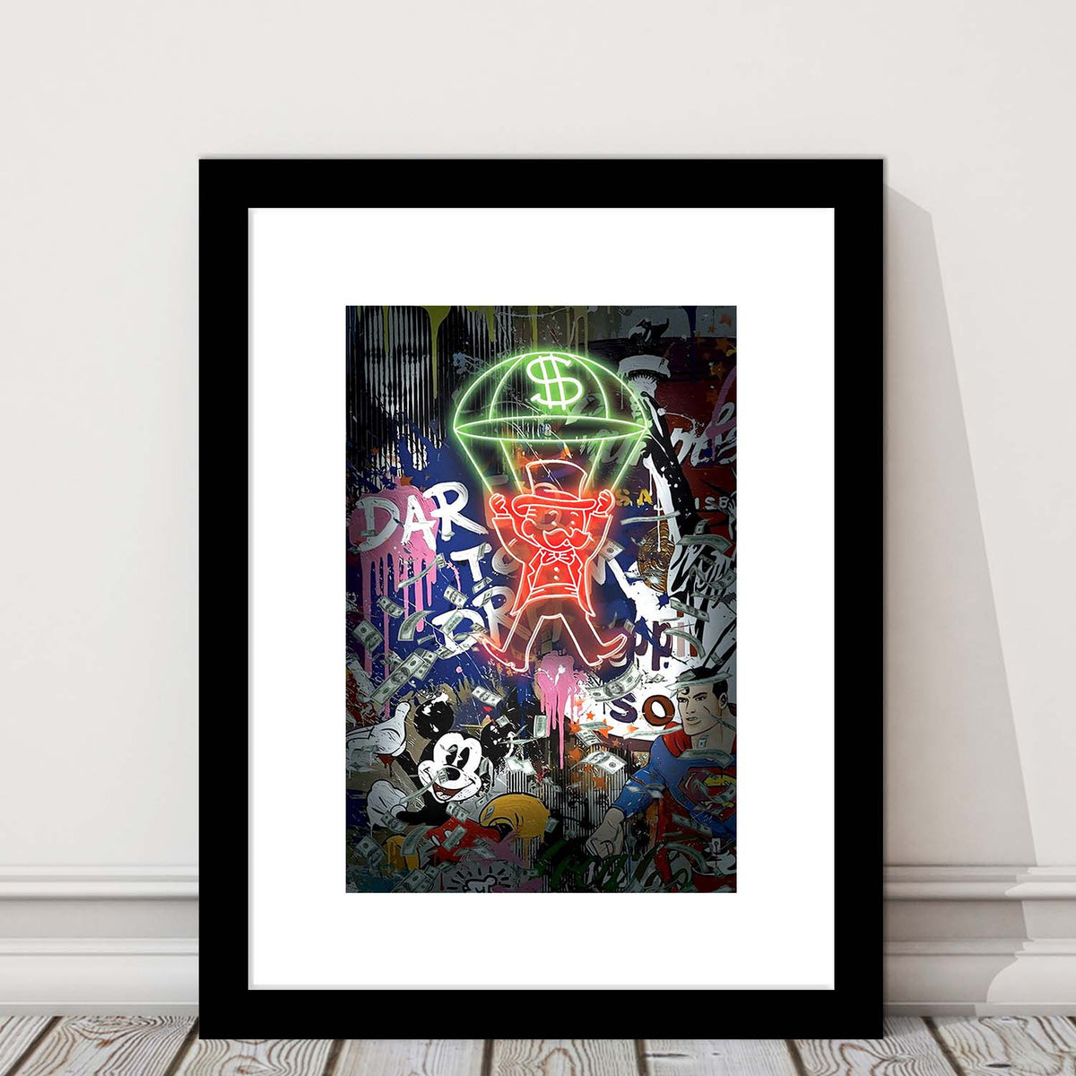 Money Flies, Neon Sign Effect, Framed Art Print, Luxury Pictures Framed, White Border