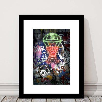 Money Flies, Neon Sign Effect, Framed Art Print, Luxury Pictures Framed, White Border