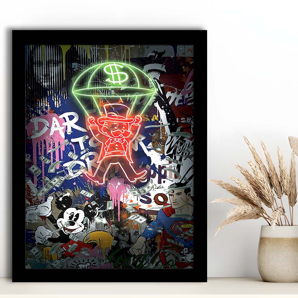 Money Flies, Neon Sign Effect, Framed Art Print, Picture Framed Wall Art Decor