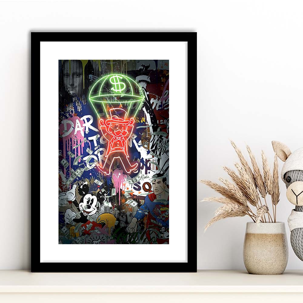 Money Flies, Neon Sign Effect, Framed Art Print, Luxury Pictures Framed, White Border