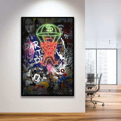 Money Flies, Neon Sign Effect, Framed Art Print, Picture Framed Wall Art Decor