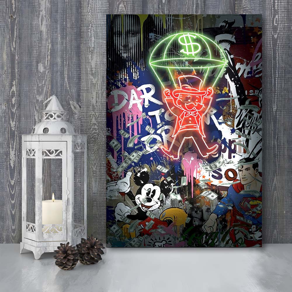 Money Flies, Neon Sign Effect, Canvas Print, Luxury Wall Art Decor, Modern Art