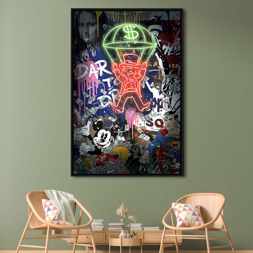 Money Flies, Neon Sign Effect, Framed Canvas Print, Floating Frame, Luxury Wall Art Decor