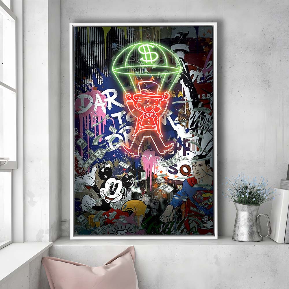 Money Flies, Neon Sign Effect, Framed Canvas Print, Floating Frame, Luxury Wall Art Decor