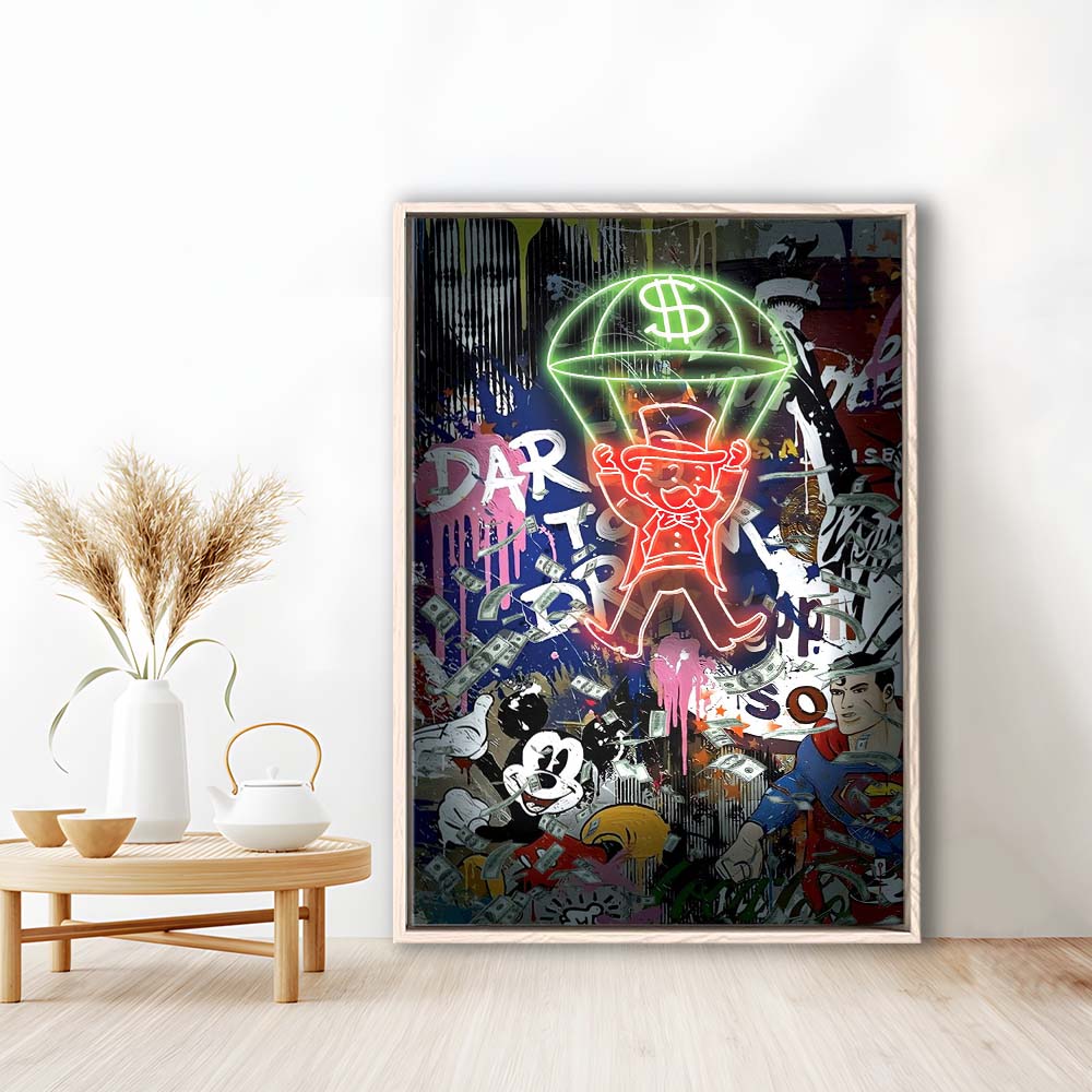 Money Flies, Neon Sign Effect, Framed Canvas Print, Floating Frame, Luxury Wall Art Decor