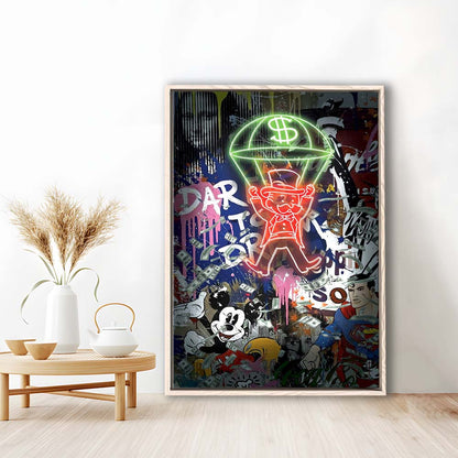Money Flies, Neon Sign Effect, Framed Canvas Print, Floating Frame, Luxury Wall Art Decor