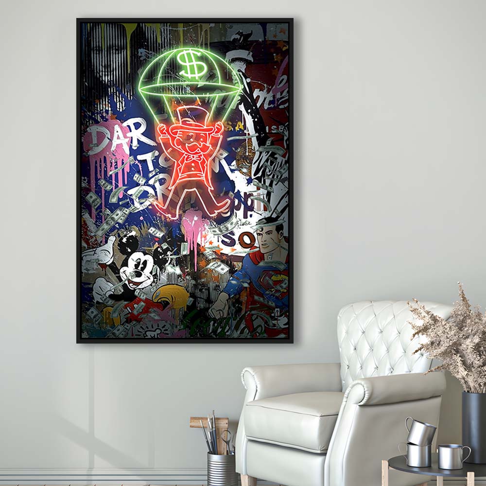 Money Flies, Neon Sign Effect, Framed Canvas Print, Floating Frame, Luxury Wall Art Decor