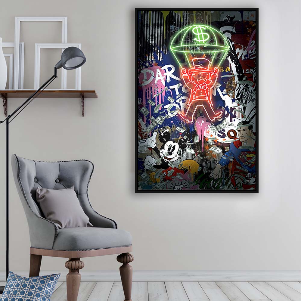 Money Flies, Neon Sign Effect, Framed Canvas Print, Floating Frame, Luxury Wall Art Decor