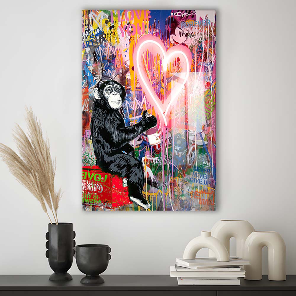 Monkey Heart, Neon Sign Effect, Canvas Print, Luxury Wall Art Decor, Modern Art