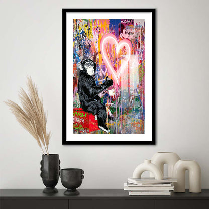 Monkey Heart, Neon Sign Effect, Framed Art Print, Luxury Pictures Framed, White Border