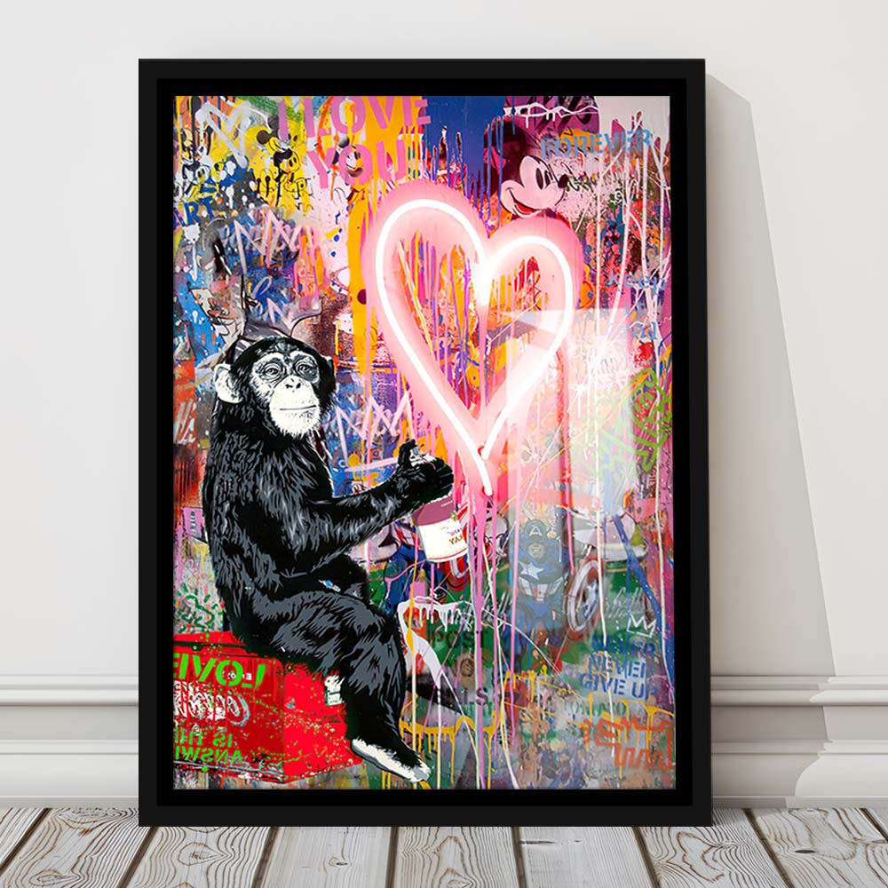 Monkey Heart, Neon Sign Effect, Framed Canvas Print, Floating Frame, Luxury Wall Art Decor