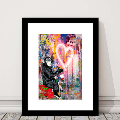 Monkey Heart, Neon Sign Effect, Framed Art Print, Luxury Pictures Framed, White Border