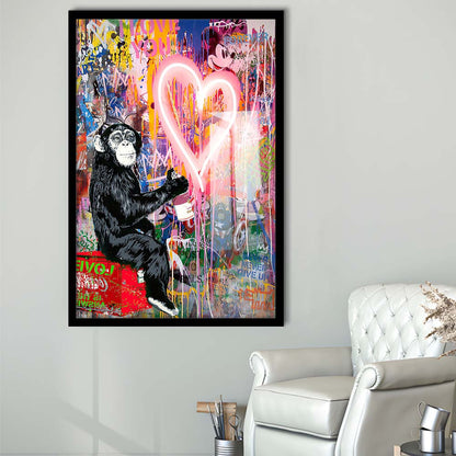 Monkey Heart, Neon Sign Effect, Framed Art Print, Picture Framed Wall Art Decor