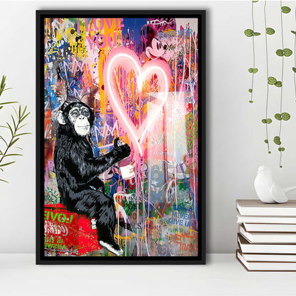 Monkey Heart, Neon Sign Effect, Framed Canvas Print, Floating Frame, Luxury Wall Art Decor