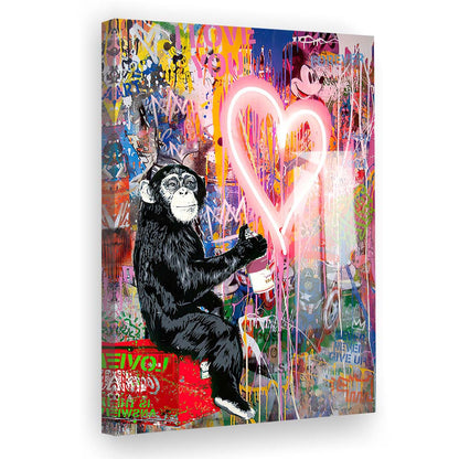 Monkey Heart, Neon Sign Effect, Canvas Print, Luxury Wall Art Decor, Modern Art