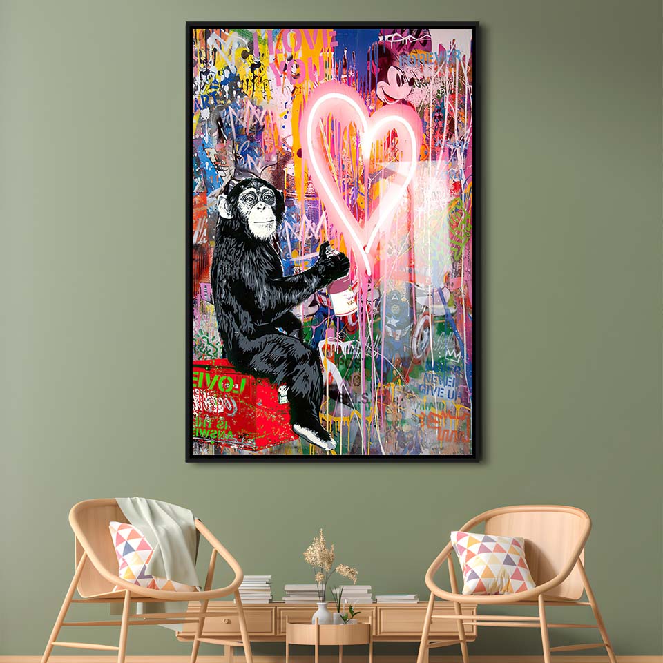 Monkey Heart, Neon Sign Effect, Framed Canvas Print, Floating Frame, Luxury Wall Art Decor
