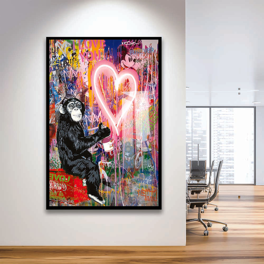 Monkey Heart, Neon Sign Effect, Framed Art Print, Picture Framed Wall Art Decor