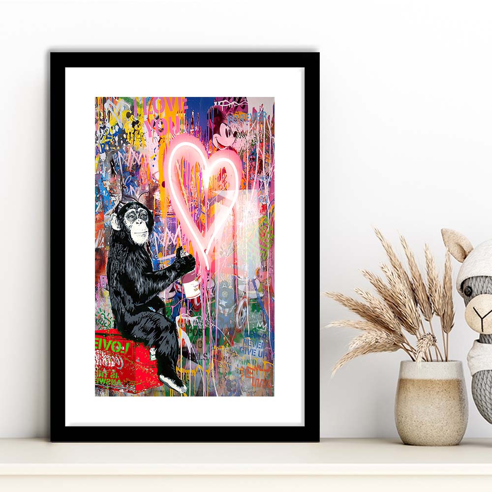 Monkey Heart, Neon Sign Effect, Framed Art Print, Luxury Pictures Framed, White Border